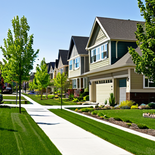 Home 14 **
Prompt: A well-planned suburban neighborhood showcasing a variety of houses with modest designs and maintained lawns, safe for work, appropriate content, fully clothed neighborhood residents walking on sidewalks, showcasing responsible community planning, urban growth boundary visible in the background, emphasizing green spaces and efficient use of land, perfect anatomy, correct proportions, natural pose, professional architecture photography, high quality, professional, family-friendly.
**
