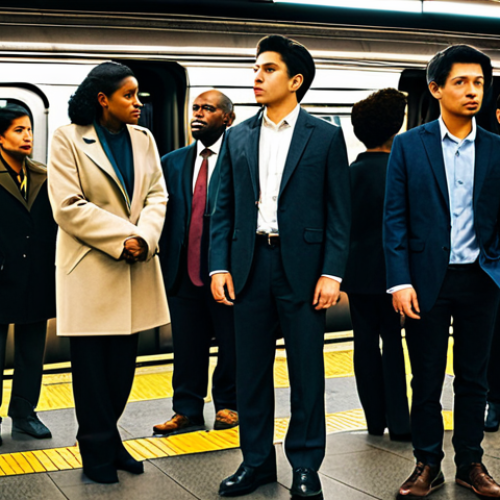 Home 7 Urban Commute**
"A diverse group of professionals in appropriate attire, standing on a crowded subway platform in a modern city (e.g., New York City), waiting for a train, fully clothed, safe for work, depicting the urban commute, realistic style, professional photography, perfect anatomy, correct proportions, natural pose, high quality, appropriate content, family-friendly, modest clothing."
**