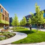 도시재생 마스터플랜 - **Prompt:** A vibrant, reimagined urban park seamlessly integrated into a bustling city center. The ...