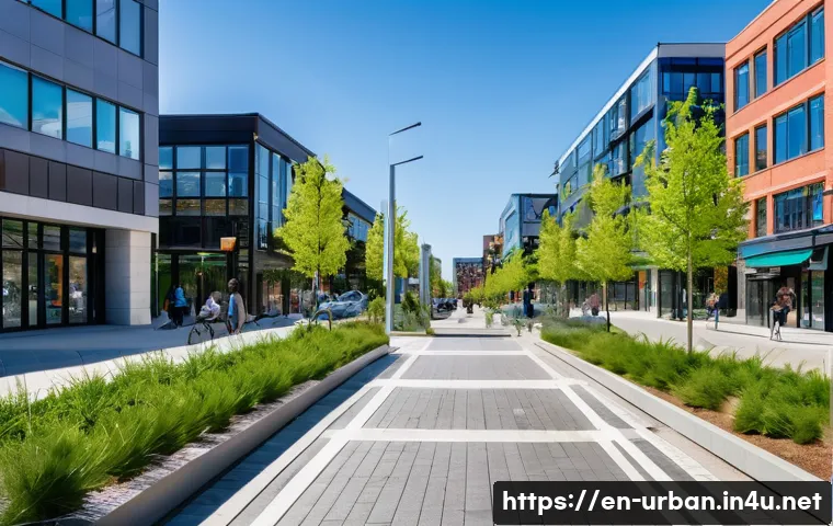 도시법제 및 정책 - A vibrant mixed-use urban neighborhood scene during daytime, showcasing low-rise residential buildin...