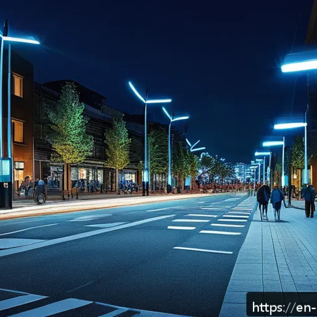 도시경관 및 조명 계획 - A modern urban street scene at night featuring smart adaptive LED streetlights that dynamically brig...