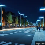 도시경관 및 조명 계획 - A modern urban street scene at night featuring smart adaptive LED streetlights that dynamically brig...