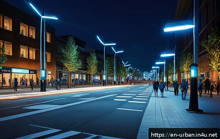 도시경관 및 조명 계획 - A modern urban street scene at night featuring smart adaptive LED streetlights that dynamically brig...