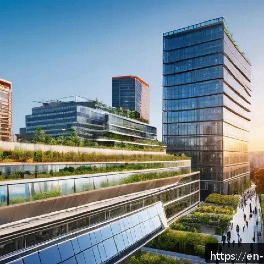 지속가능한 도시재정 - A bustling modern cityscape at sunset showcasing a vibrant public-private partnership project: sleek...