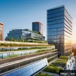 지속가능한 도시재정 - A bustling modern cityscape at sunset showcasing a vibrant public-private partnership project: sleek...