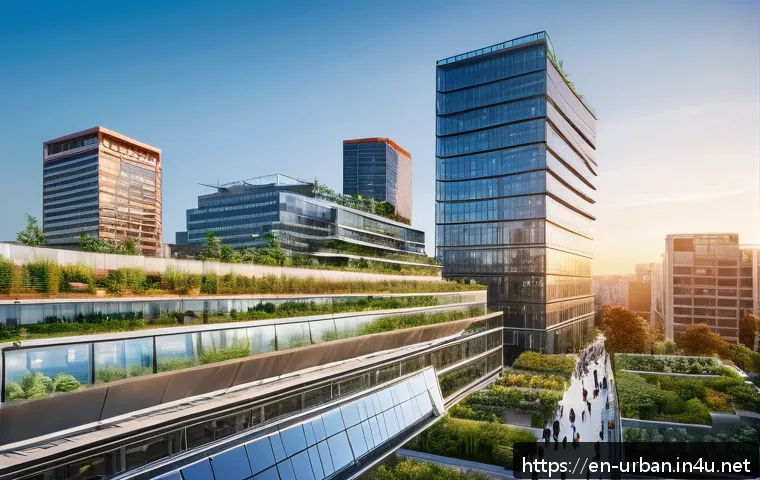 지속가능한 도시재정 - A bustling modern cityscape at sunset showcasing a vibrant public-private partnership project: sleek...