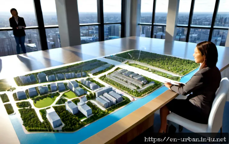 공간정보기술과 도시계획 - Photorealistic urban planning office, a diverse team of planners gathered around a large tabletop 3D...