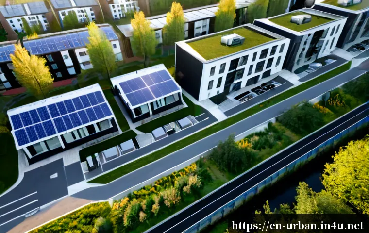 저탄소 도시 개발 사례 - Photorealistic aerial view of a successful low-carbon urban district in Northern Europe, timber mid-...